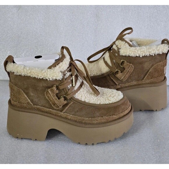 New UGG CLASSIC NEW HEIGHTS SHEARLING LACE UP CHESTNUT SUEDE WOMEN'S BOOTS US 9 - Picture 2 of 14